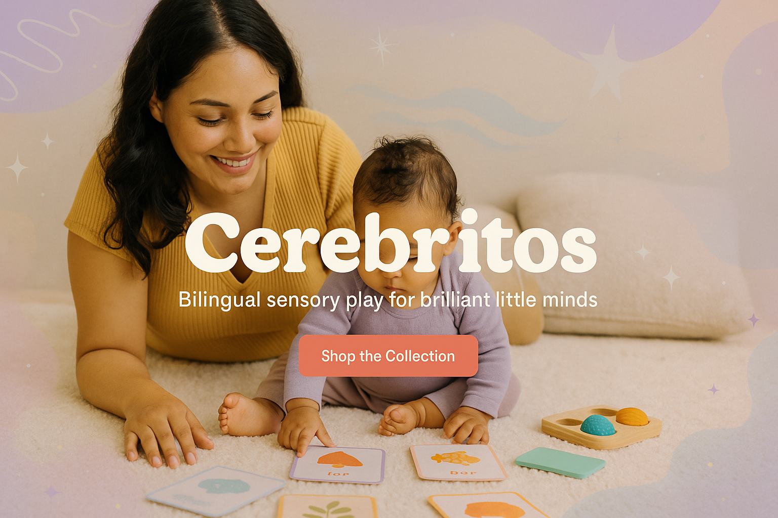 Woman and child playing with educational toys on a carpet, featuring the brand 'Cerebritos'.