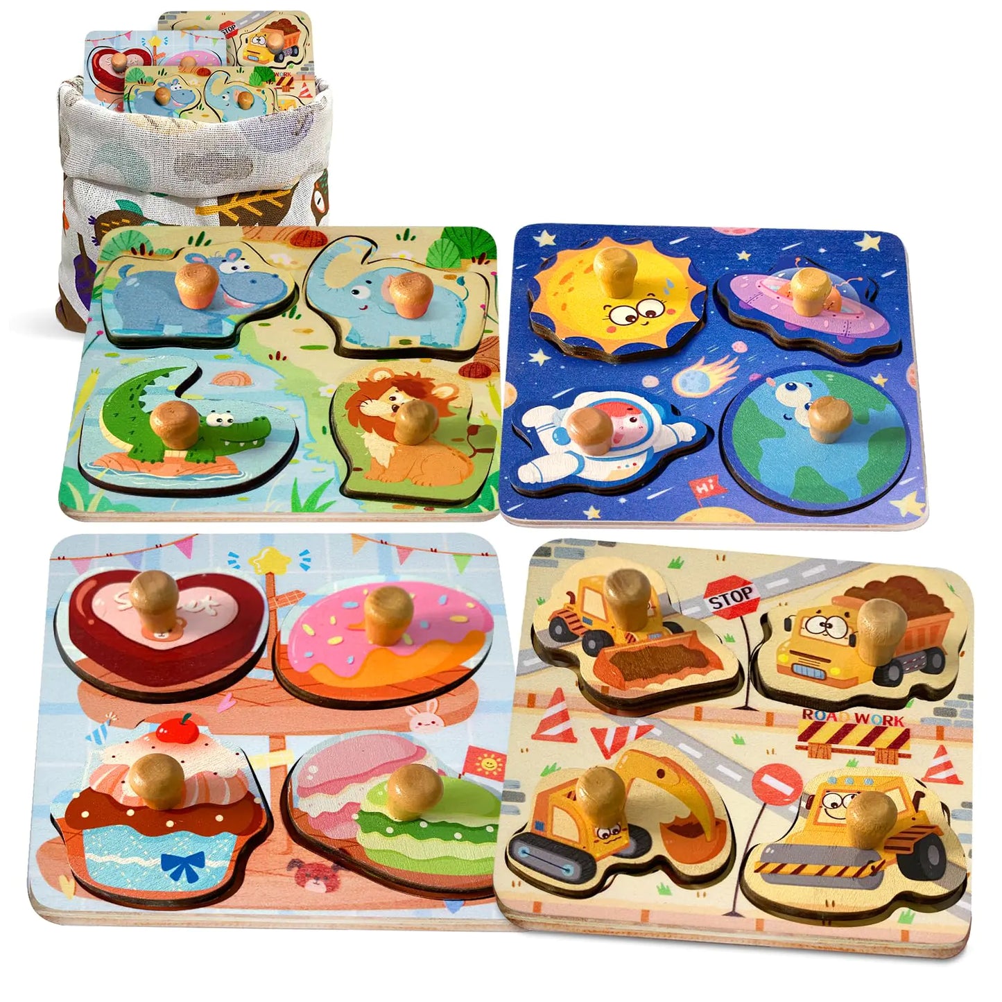 Rompecabezas de Madera Zeoddler para Niños Pequeños, 4 Pcs Rompecabezas con Clavijas para Niños de 2-4 Años, Rompecabezas Educativos Preescolares para Aprendizaje para Niños y Niñas de 2 y 3 Años