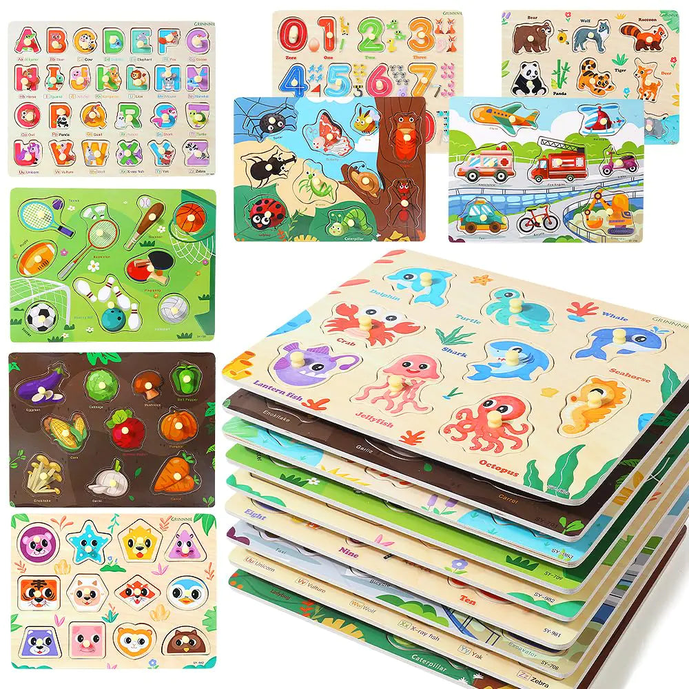 GRINNNIE 9 Pack Montessori Toddler Puzzle for 3 4 5 Years Old Wooden Learning Puzzle for Toddlers 3-5 Animal Alphabet Number Shape Peg Puzzles Set Great Birthday for Boys Girls