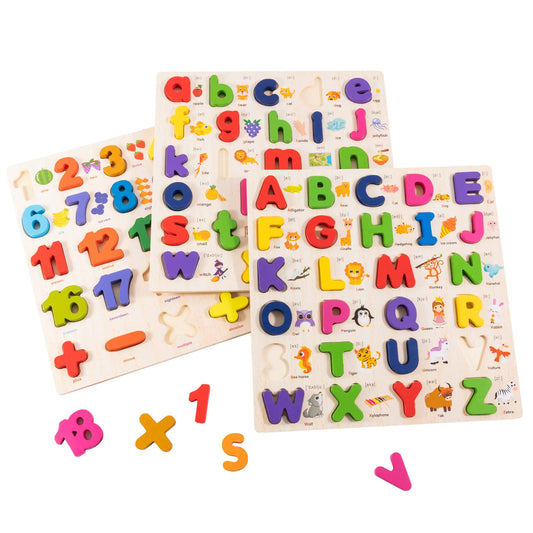 XJYQJD Wooden Alphabet Puzzle for Toddlers 3 in 1 Lower Case Alphabet Letter Puzzles ABC Uppercase & Lowercase & Number Puzzle Set for Preschoolers Kids Ages 3-5 Alphabet Learning Educational Toy