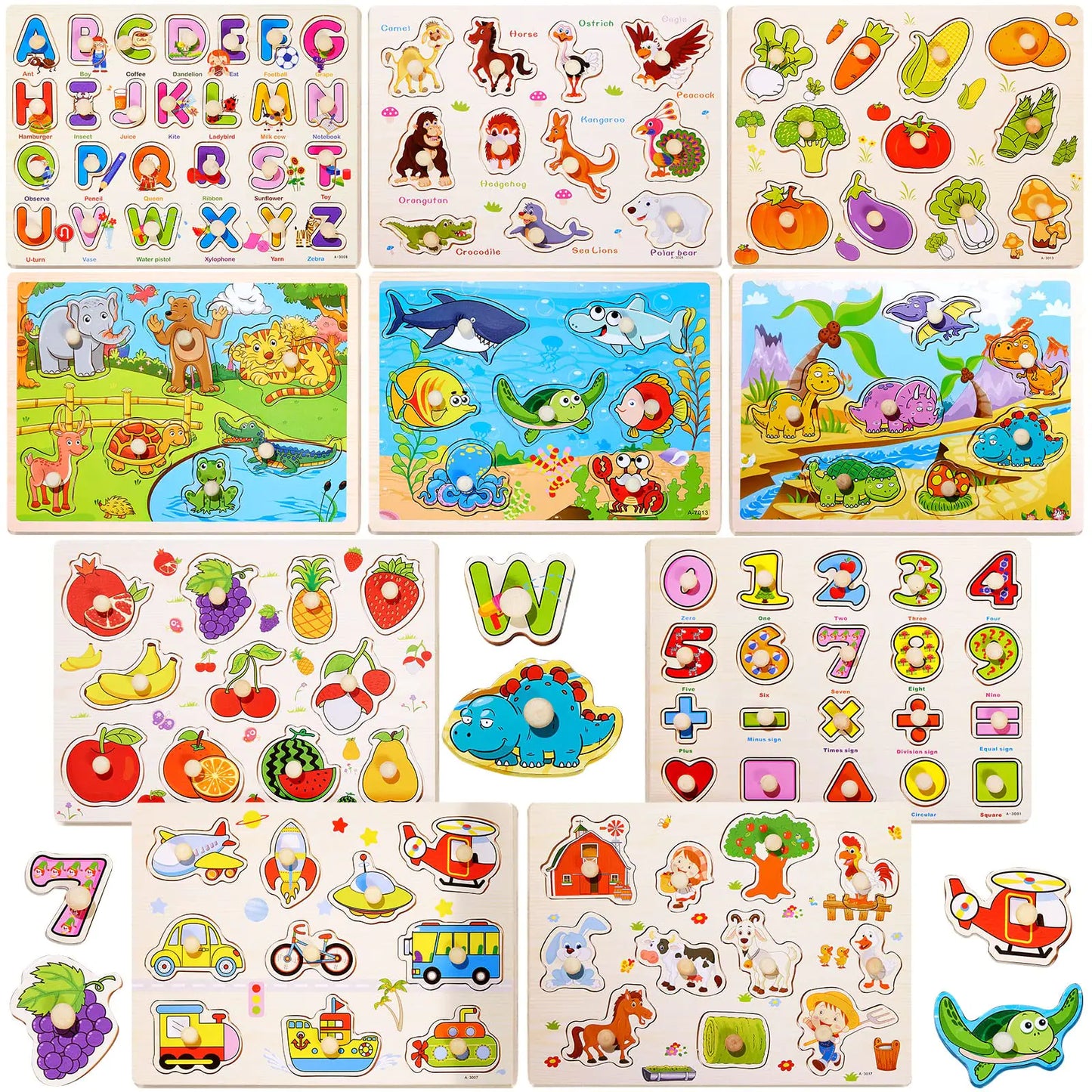 10 Pack Wooden Peg Puzzles for Toddlers Toddler Puzzle Jigsaw Learning Puzzles for Kids Wood Knob Puzzle with Alphabet Number Animal Vehicle Shape