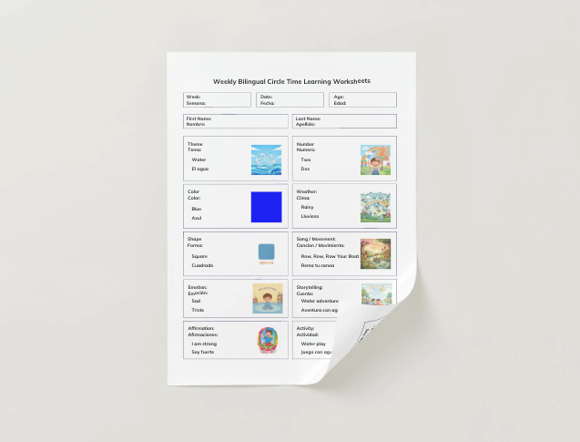 Weekly Bilingual Circle Time Educational 1 Year Learning Plan, 8.5" x 11" Double Sided 52 Worksheets & Digital Download