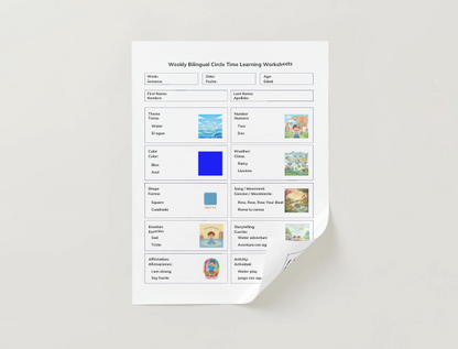 Weekly Bilingual Circle Time Educational 1 Year Learning Plan, 8.5" x 11" Double Sided 52 Worksheets & Digital Download