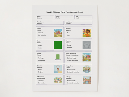 Weekly Bilingual Circle Time Educational 1 Year Learning Plan, 8.5" x 11" Double Sided 52 Worksheets & Digital Download