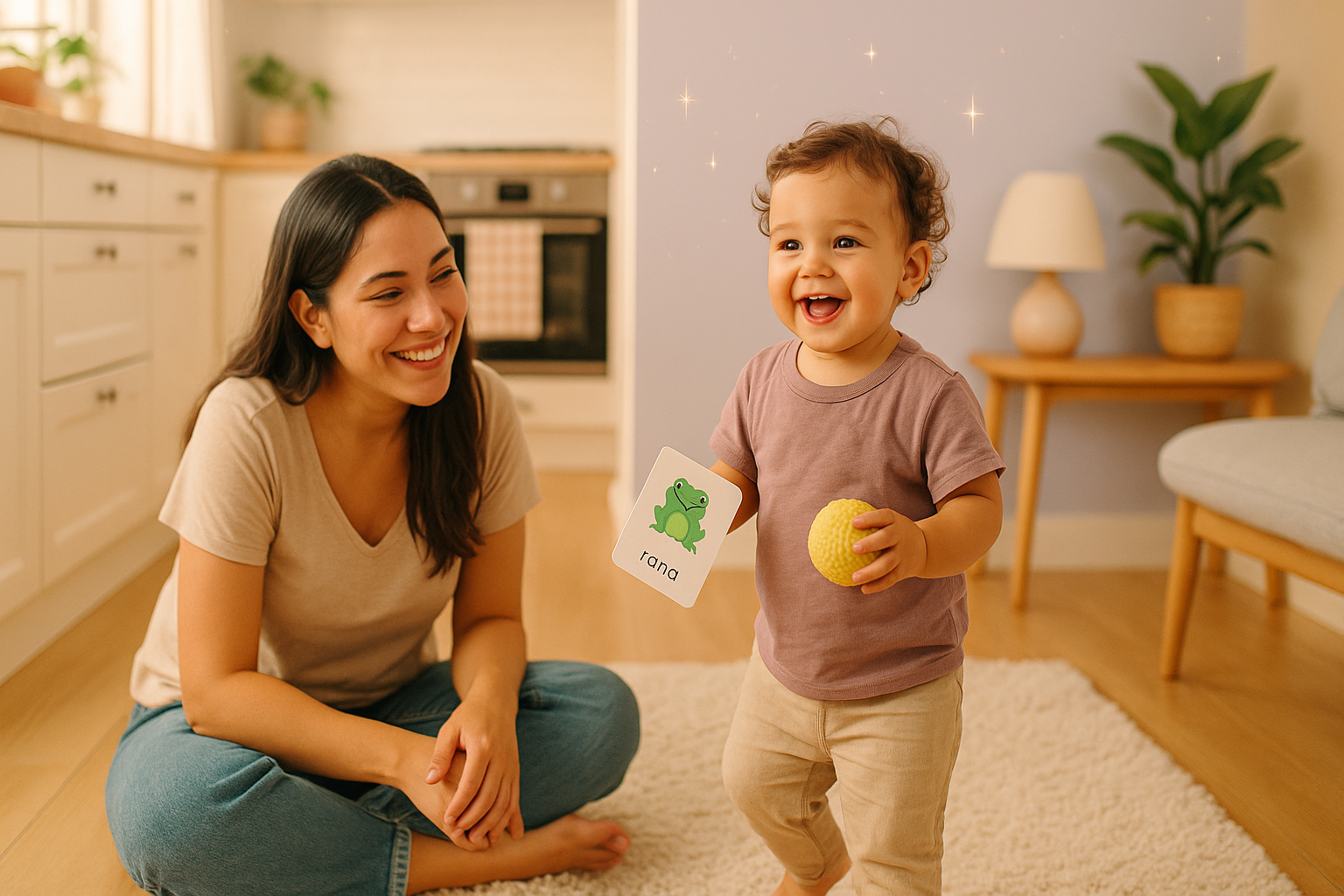 Woman and child in a home setting with a card and ball