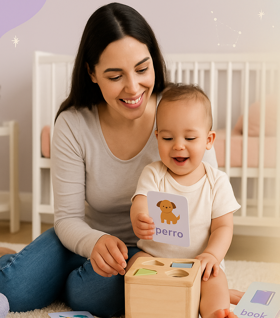 Woman and child playing with a bilingual sensory toy in a home setting