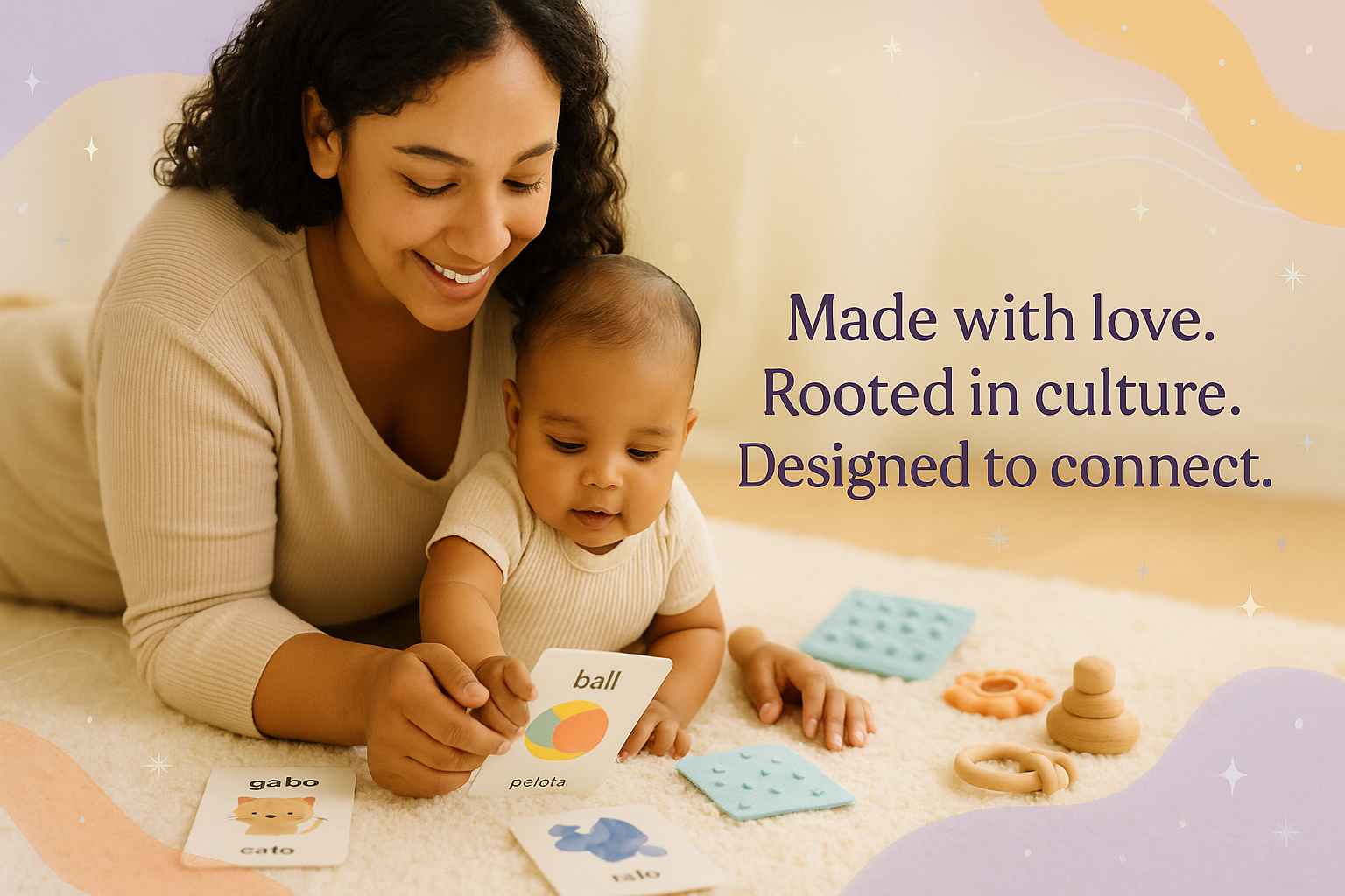 Woman and child playing with educational cards on a soft surface