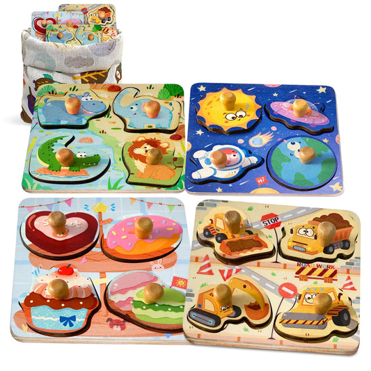 Rompecabezas de Madera Zeoddler para Niños Pequeños, 4 Pcs Rompecabezas con Clavijas para Niños de 2-4 Años, Rompecabezas Educativos Preescolares para Aprendizaje para Niños y Niñas de 2 y 3 Años