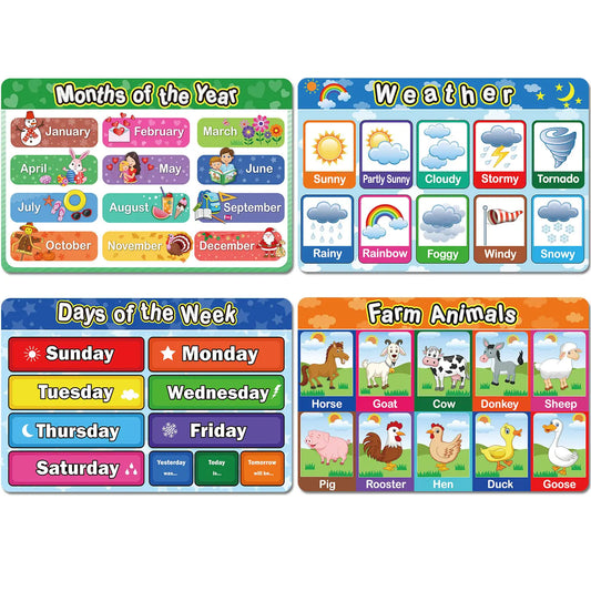 4 Manteles Educativos Antideslizantes y Lavables para Niños Pequeños y Escolares, Manteles Reutilizables para Bebés, Útiles para Guardería, Hogar, Escuela y Aula de Kindergarten